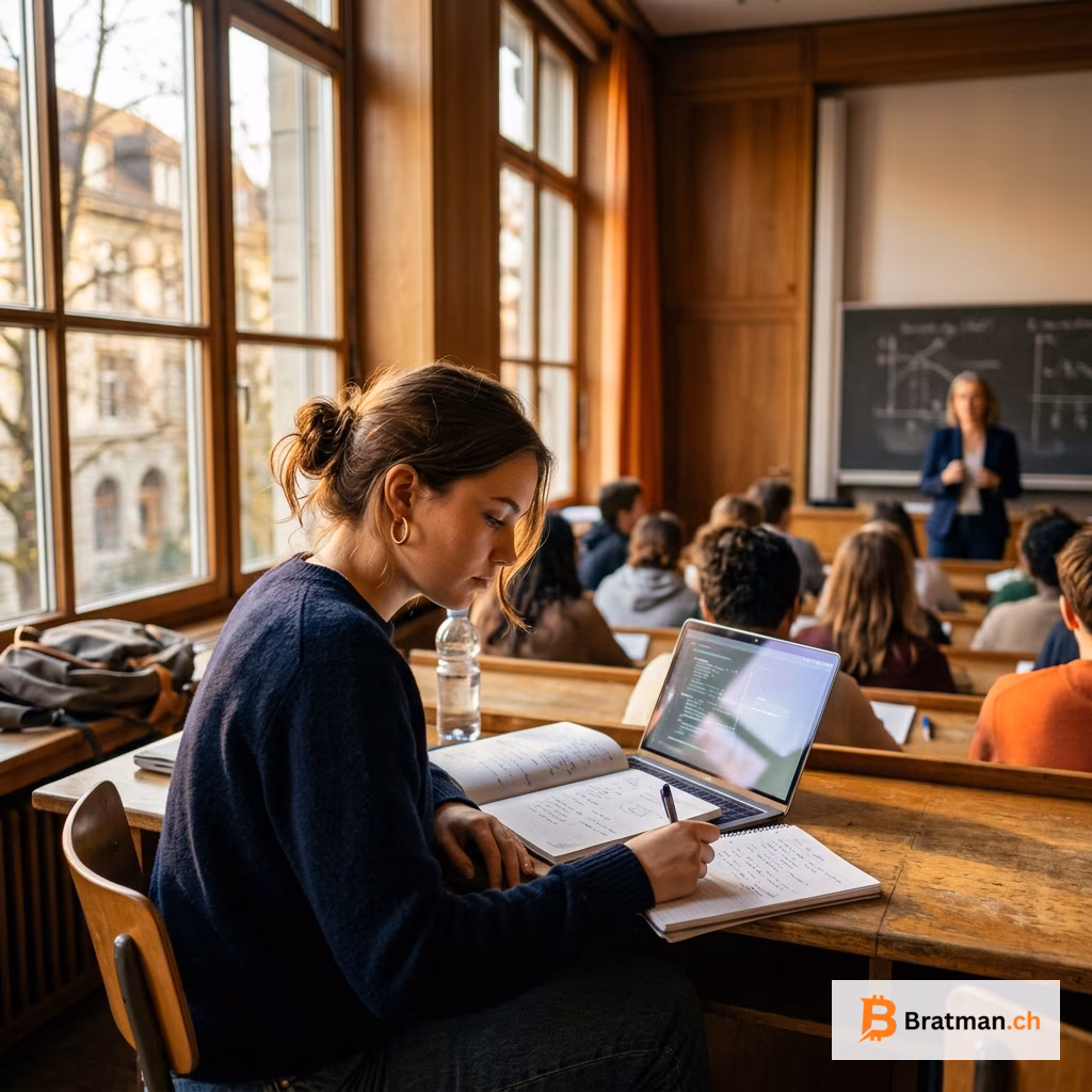 Studentin in einem Schweizer Hörsaal mit Notizbuch und Laptop, Lehrerin im Hintergrund