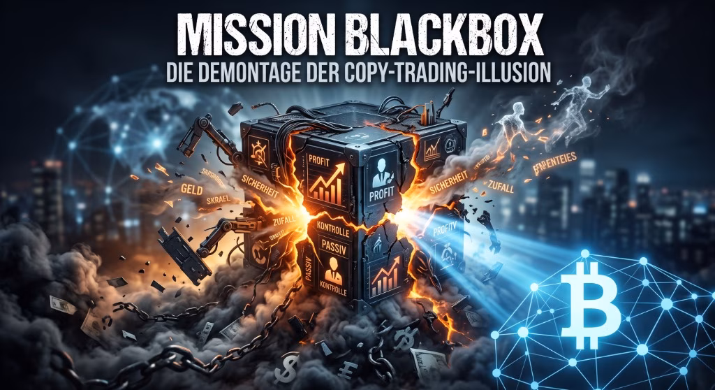 3D Rendering einer leuchtenden Blackbox, die aufbricht und Bitcoin sowie Ketten zeigt
