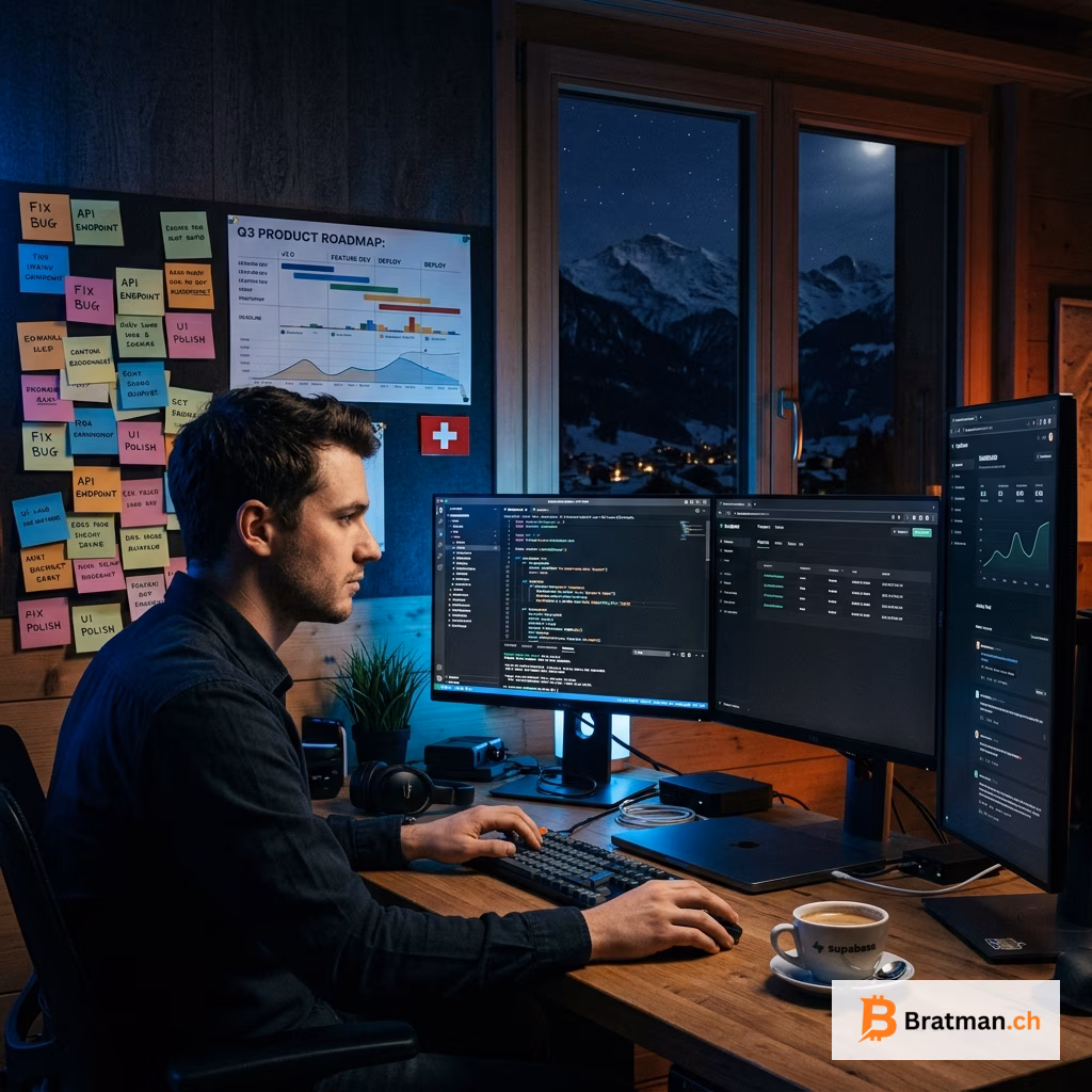 Entwickler-Arbeitsplatz mit Code-Editor und Schweizer Bergpanorama im Hintergrund