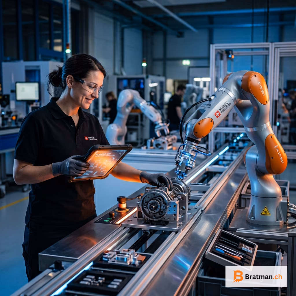 Industrieller Roboterarm und menschliche Hände arbeiten zusammen