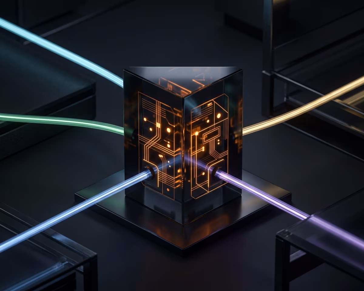 Dunkler gläserner Obsidian-Knotenpunkt, in dem fünf leuchtende Datenströme verschiedener KI-Modelle zu einem orange leuchtenden Kern verschmelzen