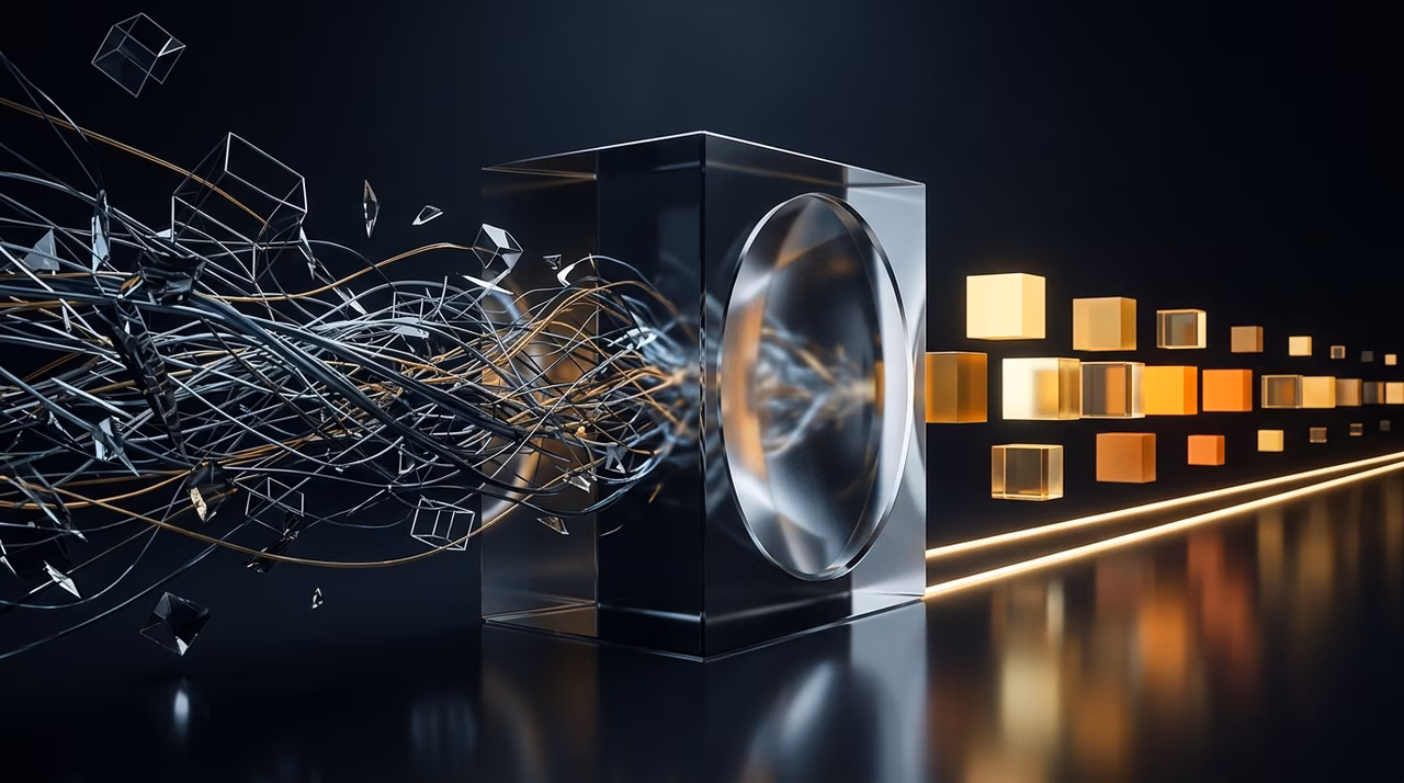 Dunkles optisches Glas-Prisma, das komplexe kryptografische Datenströme in klare, geordnete gold-orange Blöcke übersetzt