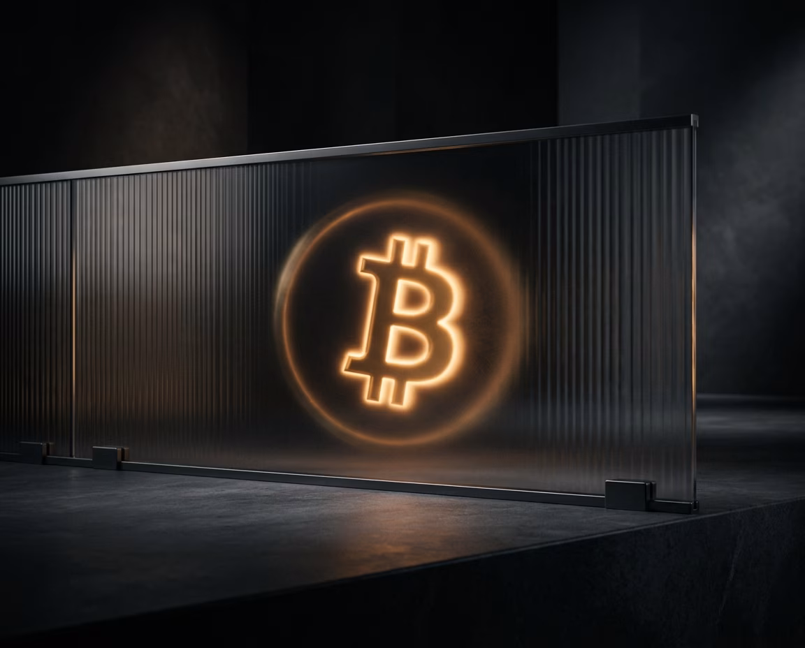 3D Rendering eines Bitcoin-Symbols hinter einer eleganten, semitransparenten Glasbarriere, das eine unsichtbare Kaufhürde symbolisiert.